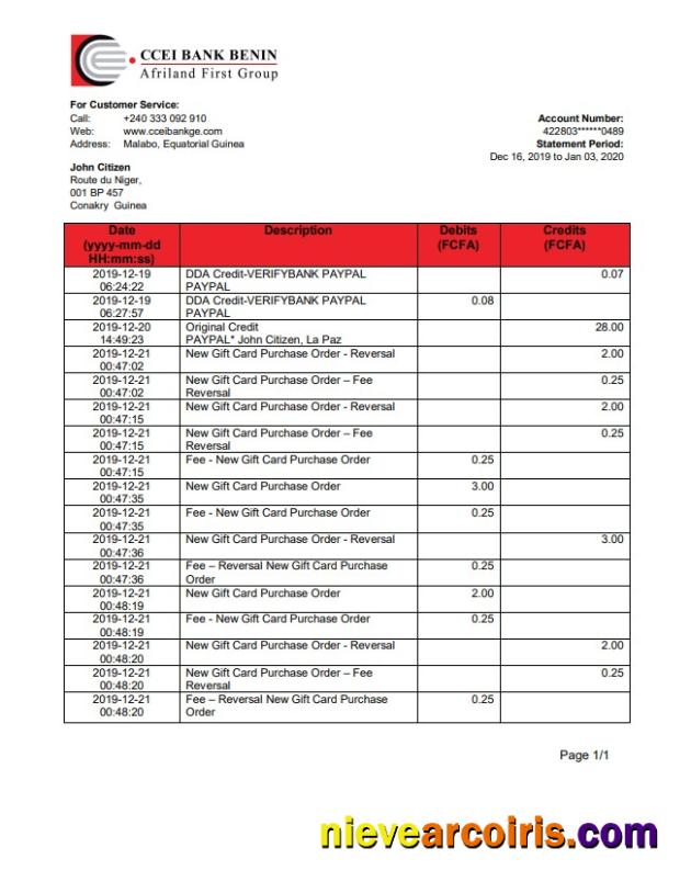 Equatorial Guinea CCEI Bank proof of address statement